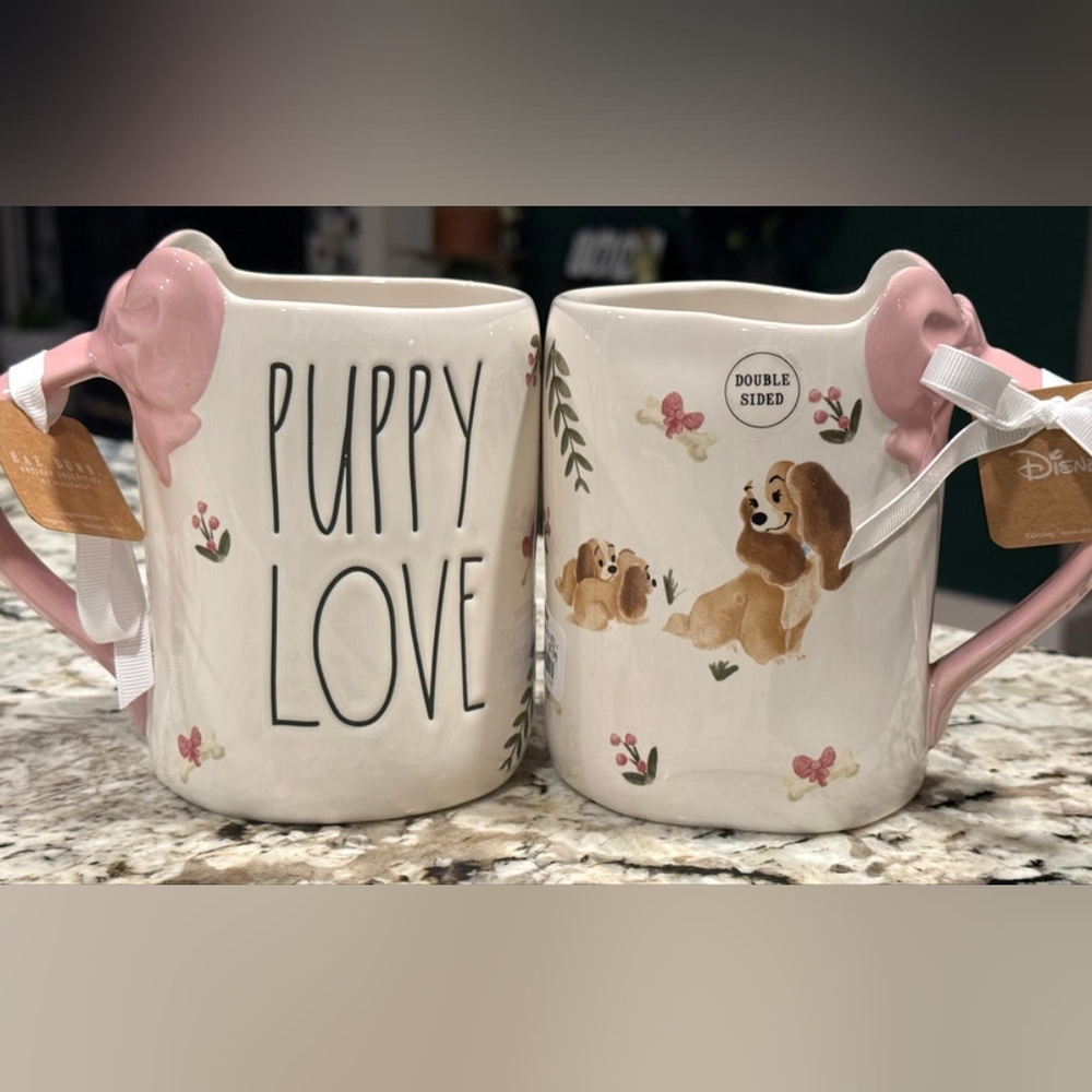 Disney × Rae Dunn Lady "Puppy Love" 2 Sided Mug with Pink Inside & Ribbon Handle